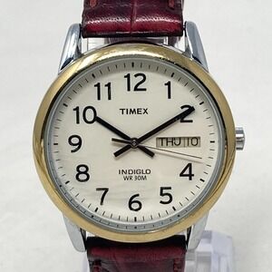Timex Easy Reader Watch Men 35mm Silver Gold Tone Day Date Indiglo New Battery